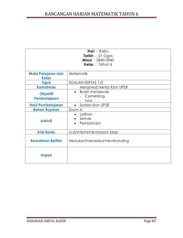 Rancangan harian matematik tahun 6