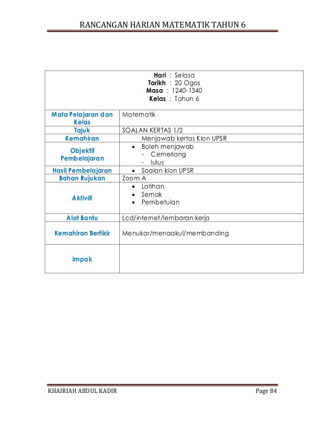 Rancangan harian matematik tahun 6 pdf