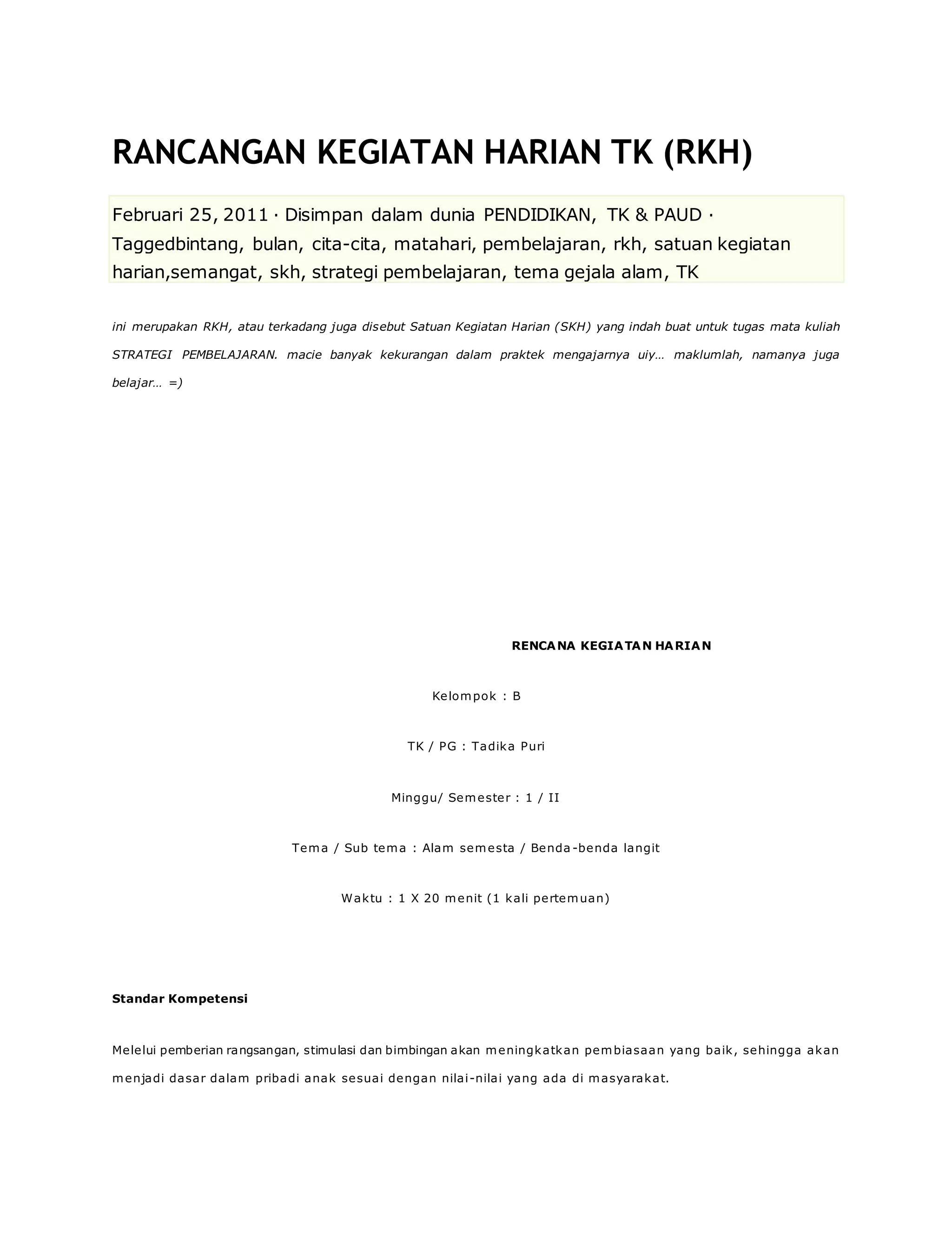 Buat Rkh Rancangan kegiatan harian tk | DOCX
