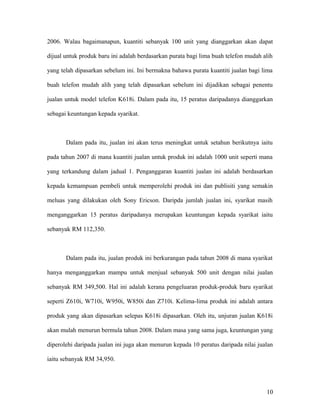 2006. Walau bagaimanapun, kuantiti sebanyak 100 unit yang dianggarkan akan dapat
dijual untuk produk baru ini adalah berdasarkan purata bagi lima buah telefon mudah alih
yang telah dipasarkan sebelum ini. Ini bermakna bahawa purata kuantiti jualan bagi lima
buah telefon mudah alih yang telah dipasarkan sebelum ini dijadikan sebagai penentu
jualan untuk model telefon K618i. Dalam pada itu, 15 peratus daripadanya dianggarkan
sebagai keuntungan kepada syarikat.
Dalam pada itu, jualan ini akan terus meningkat untuk setahun berikutnya iaitu
pada tahun 2007 di mana kuantiti jualan untuk produk ini adalah 1000 unit seperti mana
yang terkandung dalam jadual 1. Penganggaran kuantiti jualan ini adalah berdasarkan
kepada kemampuan pembeli untuk memperolehi produk ini dan publisiti yang semakin
meluas yang dilakukan oleh Sony Ericson. Daripda jumlah jualan ini, syarikat masih
menganggarkan 15 peratus daripadanya merupakan keuntungan kepada syarikat iaitu
sebanyak RM 112,350.
Dalam pada itu, jualan produk ini berkurangan pada tahun 2008 di mana syarikat
hanya menganggarkan mampu untuk menjual sebanyak 500 unit dengan nilai jualan
sebanyak RM 349,500. Hal ini adalah kerana pengeluaran produk-produk baru syarikat
seperti Z610i, W710i, W950i, W850i dan Z710i. Kelima-lima produk ini adalah antara
produk yang akan dipasarkan selepas K618i dipasarkan. Oleh itu, unjuran jualan K618i
akan mulah menurun bermula tahun 2008. Dalam masa yang sama juga, keuntungan yang
diperolehi daripada jualan ini juga akan menurun kepada 10 peratus daripada nilai jualan
iaitu sebanyak RM 34,950.
10
 