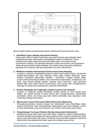 BAHRUR ROSYIDI ( DESAIN PEMBELAJARAN ) 3
Berikut adalah langkah pengembangan desain Instruksional menurut dick dan carey :
1. Identifikasi Tujuan (Identity Instructional Goal(s)).
Tahap awal model ini adalah menentukan apa yang diinginkan agar pebelajar dapat
melakukannya ketika mereka telah menyelesaikan program Instruksional. Tujuan
Instruksional mungkin dapat diturunkan dari daftar tujuan, dari analisis kinerja
(performance analysis), dari penilaian kebutuhan (needs assessment), dari pengalaman
praktis dengan kesulitan belajar pebelajar, dari analisis orang-orang yang melakukan
pekerjaan (Job Analysis), atau dari persyaratan lain untuk instruksi baru.
2. Melakukan Analisis Instruksional (Conduct Instructional Analysis).
Langkah ini, pertama mengklasifikasi tujuan ke dalam ranah belajar Gagne, menentukan
langkah-demi-langkah apa yang dilakukan orang ketika mereka melakukan tujuan
tersebut (mengenali keterampilan bawahan / subordinat). Langkah terakhir dalam
proses analisis Instruksional adalah untuk menentukan keterampilan, pengetahuan, dan
sikap, yang dikenal sebagai perilaku masukan (entry behaviors), yang diperlukan
peserta didik untuk dapat memulai Instruksional. Peta konsep akan menggambarkan
hubungan di antara semua keterampilan yang telah diidentifikasi.
3. Analisis Pembelajar dan Lingkungan (Analyze Learners and Contexts).
Langkah ini melakukan analisis pembelajar, analisis konteks di mana mereka akan
belajar, dan analisis konteks di mana mereka akan menggunakannya. Keterampilan
pembelajar, pilihan, dan sikap yang telah dimiliki pembelajar akan digunakan untuk
merancang strategi Instruksional.
4. Merumuskan Tujuan Performansi (Write Performance Objectives).
Pernyataan-pernyataan tersebut berasal dari keterampilan yang diidentifikasi dalam
analisis Instruksional, akan mengidentifikasi keterampilan yang harus dipelajari, kondisi
di mana keterampilan yang harus dilakukan, dan kriteria untuk kinerja yang sukses.
5. Pengembangan Tes Acuan Patokan (Develop Assessment Instruments).
Berdasarkan tujuan performansi yang telah ditulis, langkah ini adalah mengembangkan
butir-butir penilaian yang sejajar (tes acuan patokan) untuk mengukur kemampuan siswa
seperti yang diperkirakan dari tujuan. Penekanan utama berkaitan diletakkan pada jenis
keterampilan yang digambarkan dalam tujuan dan penilaian yang diminta.
 