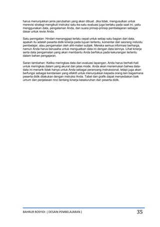 BAHRUR ROSYIDI ( DESAIN PEMBELAJARAN ) 35
harus menunjukkan jenis perubahan yang akan dibuat. Jika tidak, mengusulkan untuk
merevisi strategi mengikuti instruksi satu-ke-satu evaluasi juga berlaku pada saat ini, yaitu
menggunakan data, pengalaman Anda, dan suara prinsip-prinsip pembelajaran sebagai
dasar untuk revisi Anda.
Satu peringatan: Hindari menanggapi terlalu cepat untuk setiap satu bagian dari data,
apakah itu adalah peserta didik kinerja pada tujuan tertentu, komentar dari seorang individu
pembelajar, atau pengamatan oleh ahli-materi subjek. Mereka semua informasi berharga,
namun Anda harus berusaha untuk menguatkan data ini dengan data lainnya. Lihat kinerja
serta data pengamatan yang akan membantu Anda berfokus pada kekurangan tertentu
dalam bahan pengajaran.
Saran tambahan: Ketika meringkas data dari evaluasi lapangan, Anda harus berhati-hati
untuk meringkas dalam yang akurat dan jelas mode. Anda akan menemukan bahwa data-
data ini menarik tidak hanya untuk Anda sebagai perancang instruksional, tetapi juga akan
berfungsi sebagai kendaraan yang efektif untuk menunjukkan kepada orang lain bagaimana
peserta didik dilakukan dengan instruksi Anda. Tabel dan grafik dapat menyediakan baik
umum dan penjelasan rinci tentang kinerja keseluruhan dari peserta didik.
 