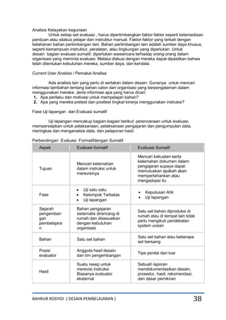 BAHRUR ROSYIDI ( DESAIN PEMBELAJARAN ) 38
Analisis Kelayakan kegunaan
Untuk setiap set evaluasi , harus dipertimbangkan faktor-faktor seperti ketersediaan
panduan atau silabus pelajar dan instruktur manual. Faktor-faktor yang terkait dengan
ketahanan bahan pertimbangan lain. Bahan pertimbangan lain adalah sumber daya khusus,
seperti kemampuan instruktur, peralatan, atau lingkungan yang diperlukan. Untuk
desain bagian evaluasi sumatif, diperlukan wawancara terhadap orang-orang dalam
organisasi yang meminta evaluasi. Melalui diskusi dengan mereka dapat dipastikan bahwa
telah ditentukan kebutuhan mereka, sumber daya, dan kendala.
Current User Analisis / Pemakai Analisa
Ada analisis lain yang perlu di sertakan dalam desain. Gunanya untuk mencari
informasi tambahan tentang bahan calon dari organisasi yang berpengalaman dalam
menggunakan mereka. Jenis informasi apa yang harus dicari:
1. Apa perilaku dan motivasi untuk mempelajari bahan?
2. Apa yang mereka pretest dan posttest tingkat kinerja menggunakan instruksi?
Fase Uji lapangan dari Evaluasi sumatif
Uji lapangan mencakup bagian-bagian berikut: perencanaan untuk evaluasi,
mempersiapkan untuk pelaksanaan, pelaksanaan pengajaran dan pengumpulan data,
meringkas dan menganalisis data, dan pelaporan hasil.
Perbandingan Evaluasi Formatifdengan Sumatif
Aspek Evaluasi formatif Evaliuasi Sumatif
Tujuan
Mencari kelemahan
dalam instruksi untuk
merevisinya
Mencari kekuatan serta
kelemahan dokumen dalam
pengajaran supaya dapat
memutuskan apakah akan
mempertahankan atau
mengadopsi itu
Fase
 Uji satu satu
 Kelompok Terbatas
 Uji lapangan
 Keputusan Ahli
 Uji lapangan
Sejarah
pengemban
gan
pembelajara
n
Bahan pengajaran
sistematis dirancang di
rumah dan disesuaikan
dengan kebutuhan
organisasi
Satu set bahan diproduksi di
rumah atau di tempat lain tidak
perlu mengikuti pendekatan
system uraian
Bahan Satu set bahan
Satu set bahan atau beberapa
set bersaing
Posisi
evaluator
Anggota hasil desain
dan tim pengembangan
Tipe penilai dari luar
Hasil
Suatu resep untuk
merevisi instruksi
Biasanya evaluator
eksternal
Sebuah laporan
mendokumentasikan desain,
prosedur, hasil, rekomendasi,
dan dasar pemikiran
 