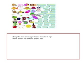 1. Dari gambar di atas tuliskan anggota himpunan hewan berkaki empat
2. Buatlah himpunan yang anggotanya semangka, appel
 