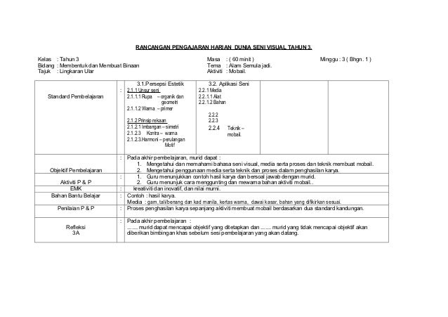 Rancangan pengajaran harian dunia seni visual tahun 2