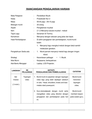 RANCANGAN PENGAJARAN HARIAN

Mata Pelajaran              :   Pendidikan Muzik
Kelas                       :   Prasekolah Nur 2
Masa                        :   08.45 pagi – 09.15 pagi
Bilangan murid              :   25 orang
Aspek                       :   Pengalaman muzikal
Item                        :   2.1.2 Menyanyi secara muzikal - melodi
Tajuk Lagu                  :   Senaman Si Tommy
Kemahiran                   :   Menyanyi dengan sebutan yang jelas dan tepat.
Hasil Pembelajaran          :   Di akhir pengajaran dan pembelajaran, murid-murid
                                boleh:
                                1.     Menyanyi lagu mengikut melodi dengan betul sambil
                                       melakukan gerakan.
Pengetahuan Sedia ada       :   1.     Murid pernah menyanyi melodi lagu dengan iringan
                                           kibod.
Strategi                    :   Kecerdasan pelbagai         ~   1. Muzik
Nilai Murni                 :   Kerjasama, berkeyakinan
Alat Bantu Mengajar         :   Laptop, LCD Projector,



 LANGKAH            ISI                   AKTIVITI
                PELAJARAN       PENGAJARAN DAN PEMBELAJARAN                        CATATAN


       Set       Tayangan   1. Murid-murid di paparkan dengan tayangan            Murid-murid
   Induksi        video         video lagu yang telah dipelajari sebelum           menonton
                                ini iaitu ‘ Head, shoulders, knees and toes ‘       tayangan
  ( 3 minit )
                                melalui slaid powerpoint.                            video.


                            2. Guru bersoaljawab dengan murid serta               Murid-murid
                                mengaitkan video yang ditonton dengan           memberi respon
                                pengajaran dan pembelajaran pada hari           pada soalan guru.
                                ini.
 