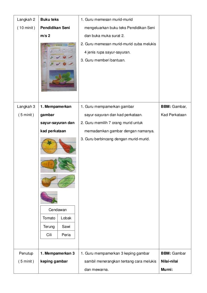 Rancangan pengajaran harian pendidikan seni sayur  sayuran 