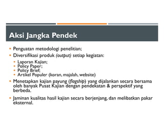 Aksi Jangka Pendek
Penguatan metodologi penelitian;
Diversifikasi produk (output) setiap kegiatan:
Laporan Kajian;
Policy Paper;
Policy Brief;
Artikel Populer (koran, majalah, website)
Menetapkan kajian payung (flagship) yang dijalankan secara bersama
oleh banyak Pusat Kajian dengan pendekatan & perspektif yang
berbeda.
Jaminan kualitas hasil kajian secara berjenjang, dan melibatkan pakar
eksternal.
 