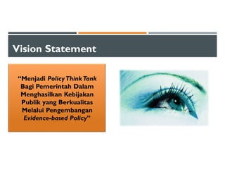 Vision Statement
“Menjadi PolicyThinkTank
Bagi Pemerintah Dalam
Menghasilkan Kebijakan
Publik yang Berkualitas
Melalui Pengembangan
Evidence-based Policy”
 