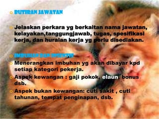  Butiran jawatan
 Jelaskan perkara yg berkaitan nama jawatan,
kelayakan,tanggungjawab, tugas, spesifikasi
kerja, dan huraian kerja yg perlu disediakan.
 Imbuhan dan insentif
 Menerangkan imbuhan yg akan dibayar kpd
setiap kategori pekerja.
 Aspek kewangan : gaji pokok, elaun, bonus
dsb.
 Aspek bukan kewangan: cuti sakit , cuti
tahunan, tempat penginapan, dsb.
 