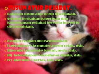 Susun atur pejabat.
 Lakaran susun atur perlu disediakan.
 Senarai berkaitan keperluan dan
kelengkapan pejabat berserta kos perlu
disembahkan.
 Elemen yg akan dpersembahkan:
 i) peralatan komputer,mesin cetak, dsb.
 ii)perabot pejabat kerusi, meja, dsb.
 iii) kelengkapanpenghawa dingin, dsb.
 iv) alat tulis kertas, fail, dsb.
 