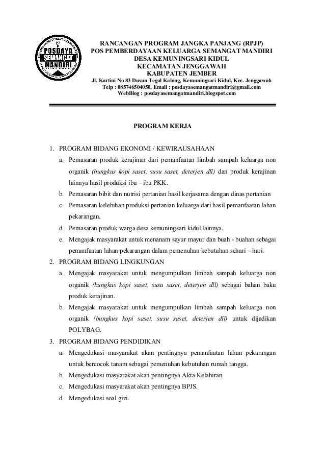 contoh panjang rancangan jangka Semangat program Posdaya panjang mandiri jangka Rancangan