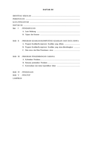 DAFTAR ISI
IDENTITAS SEKOLAH ...........................................................................................................
PERSETUJUAN ........................................................................................................................
KATA PENGANTAR ...............................................................................................................
DAFTAR ISI .............................................................................................................................
Bab I : PENDAHULUAN
A. Latar Belakang ...............................................................................................
B. Tujuan dan Sasaran ........................................................................................
BAB II : PROGRAM KEAHLIAN/KOMPETENSI KEAHLIAN DAN DATA SISWA
A. Program Keahlian/Kompetensi Keahlian yang dibuka ..................................
B. Program Keahlian/Kompetensi Keahlian yang akan dikembangkan .............
C. Data siswa dan Data Penerimaan siswa .........................................................
BAB III : PROGRAM PENGEMBANGAN SARANA
A. Kebutuhan Peralatan........................................................................................
B. Rencana pemenuhan Peralatan........................................................................
C. Ketersediaan dan status kepemilikan lahan ...................................................
BAB IV : PENDANAAN
BAB V : PENUTUP
LAMPIRAN
 