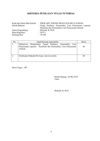 6
KRITERIA PENILAIAN TUGAS TUTORIAL
Kode dan Nama Mata Kuliah : PDGK 4407 TEKNIK MENULIS KARYA ILMIAH
Pokok Bahasan : Target Pembaca, Sistematika, Cara Penyusunan Laporan
Penelitian dan Sistematika, Cara Penyusunan Abstrak
Nama Pengembang : Mulyadi, R, M.Si
Masa Registrasi : 2012.1
Rentang Skor : 10-100
No. Aspek/Konsep yang dinilai Skore
1. Mahasiswa Menjelaskan Target Pembaca, Sistematika, Cara
Penyusunan Laporan Penelitian dan Sistematika, Cara Penyusunan
Abstrak
40
2. Pembuatan Makalah Per kasus dan tes tertulis 60
Skore Tugas : 100
Rimbo Bujang, 26 Mei 2012
Tutor,
Mulyadi, R, M.Si
 