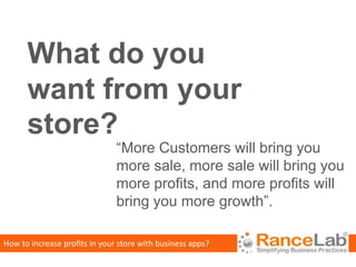 What do you
      want from your
      store?
                               “More Customers will bring you
                               more sale, more sale will bring you
                               more profits, and more profits will
                               bring you more growth”.

How to increase profits in your store with business apps?
 