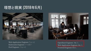 理想と現実 (2018年6月)
Web Application Engineer: ちょっと
Kubernetes Engineer: いっぱい
Etcd Engineer : ちょっと
OpenStack Engineer: 0.6 人
Web Application Engineer: 0.6 人
Frontend Engineer: 0.5人
 
