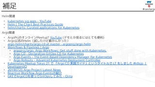 #rancherjp
補足
Helm関連
• kubernetes sig apps - YouTube
• Helm | The Chart Best Practices Guide
• helm/charts: Curated applications for Kubernetes
Argo関連
• ArgoPrjのオンラインMeetup? YouTube (デモとか見るにはとても便利)
• Argo公式のHelm（試したけど動かんかった）
argo-helm/charts/argo-cd at master · argoproj/argo-helm
• Workﬂows & Pipelines | Argo
• argoproj/argo: Argo Workﬂows: Get stuﬀ done with Kubernetes.
• Argo CD - Declarative GitOps CD for Kubernetes
• Argo Events - The Event-Based Dependency Manager for Kubernetes
• Argo Rollouts - Advanced Kubernetes Deployment Controller
• Kubernetes Meetup Tokyo 21 で 『Argo CD 実践ガイド』というタイトルで LT をしました #k8sjp ｜
DevelopersIO
• 20190725 Argo Project Latest News
• Reactive Workﬂow Argo Eventsの紹介
• GKEでArgoCDを使ってGitOpsしてみた - Qiita
 