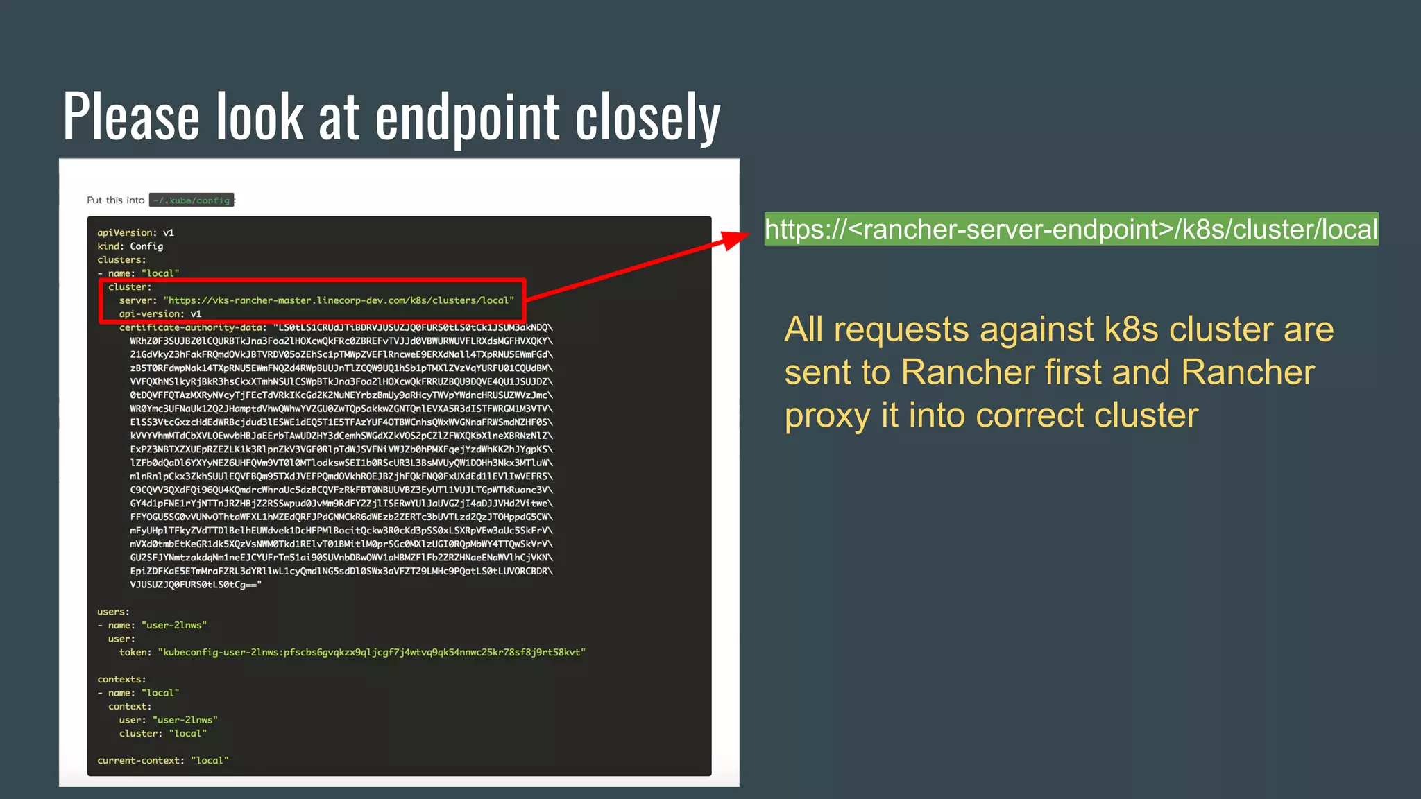 Please look at endpoint closely
https://<rancher-server-endpoint>/k8s/cluster/local
All requests against k8s cluster are
sent to Rancher first and Rancher
proxy it into correct cluster
 