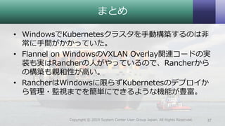 まとめ
37Copyright © 2019 System Center User Group Japan. All Rights Reserved.
• WindowsでKubernetesクラスタを手動構築するのは非
常に手間がかかっていた...