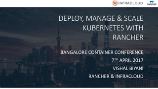 DEPLOY,	MANAGE	&	SCALE	
KUBERNETES	WITH	
RANCHER
BANGALORE	CONTAINER	CONFERENCE	
7TH APRIL	2017
VISHAL	BIYANI
RANCHER	&	INFRACLOUD
 
