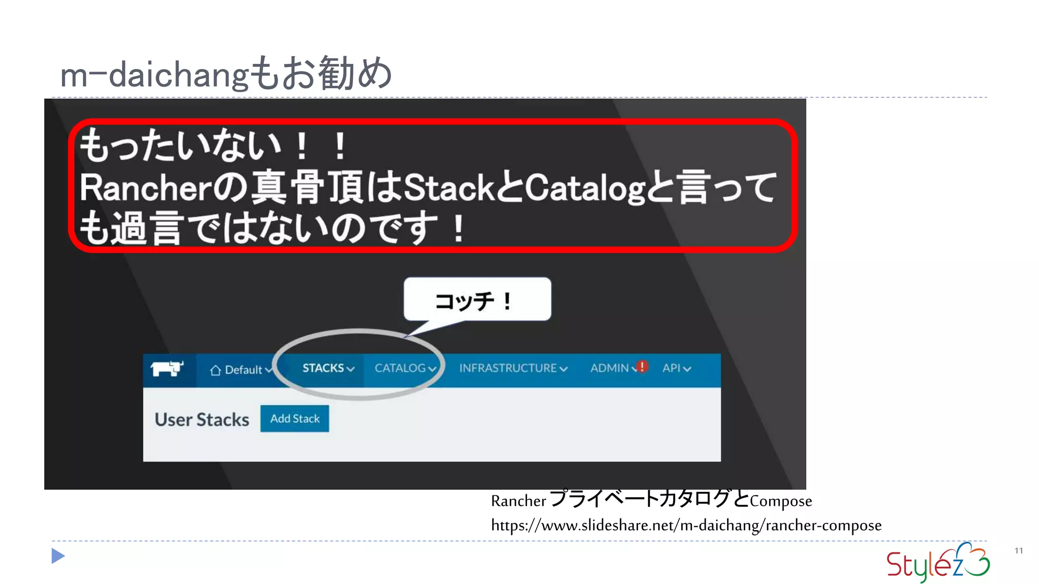 m-daichangもお勧め
11
RancherプライベートカタログとCompose
https://www.slideshare.net/m-daichang/rancher-compose
 