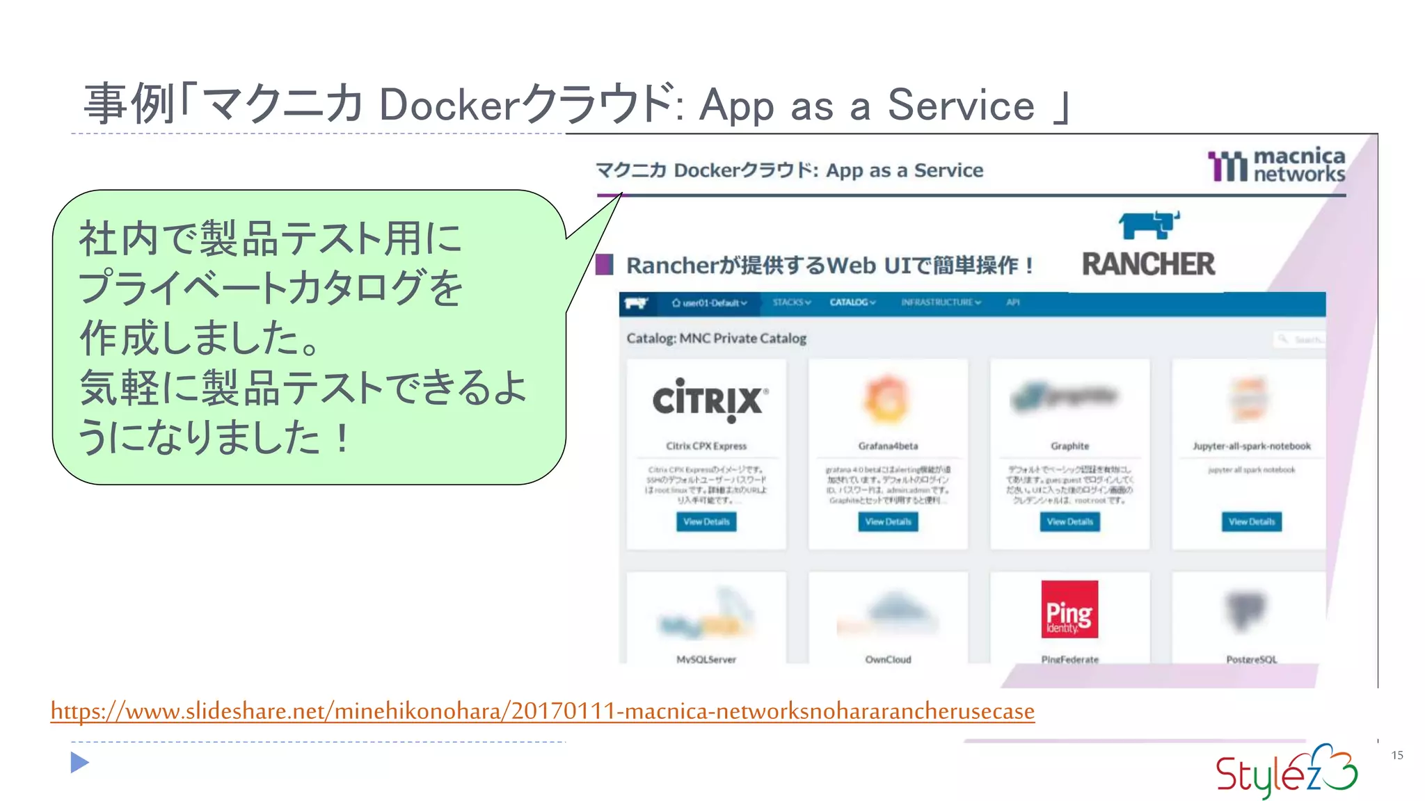 事例「マクニカ Dockerクラウド: App as a Service 」
15
社内で製品テスト用に
プライベートカタログを
作成しました。
気軽に製品テストできるよ
うになりました！
https://www.slideshare.net/minehikonohara/20170111-macnica-networksnohararancherusecase
 