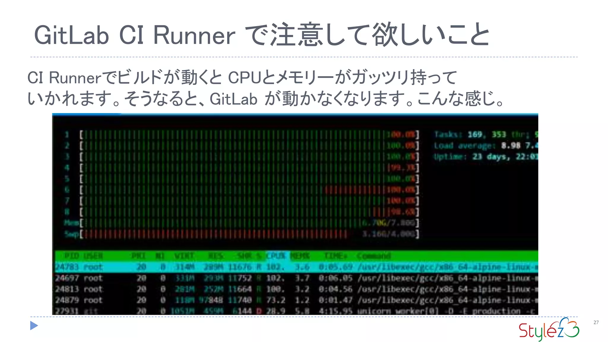 27
GitLab CI Runner で注意して欲しいこと
CI Runnerでビルドが動くと CPUとメモリーがガッツリ持って
いかれます。そうなると、GitLab が動かなくなります。こんな感じ。
 