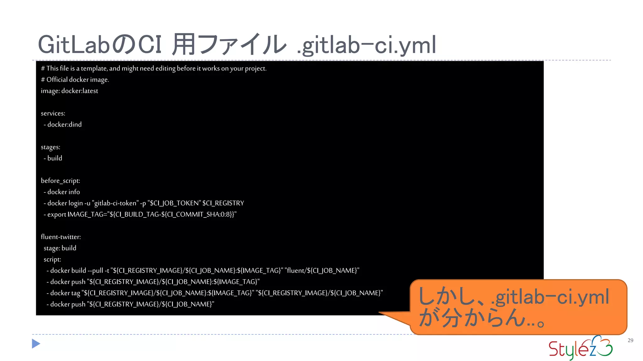 GitLabのCI 用ファイル .gitlab-ci.yml
29
#Thisfile isatemplate,andmightneededitingbeforeitworksonyourproject.
#Officialdockerimage.
image:docker:latest
services:
- docker:dind
stages:
- build
before_script:
- dockerinfo
- dockerlogin -u"gitlab-ci-token"-p "$CI_JOB_TOKEN"$CI_REGISTRY
- exportIMAGE_TAG="${CI_BUILD_TAG-${CI_COMMIT_SHA:0:8}}"
fluent-twitter:
stage:build
script:
- dockerbuild--pull -t"${CI_REGISTRY_IMAGE}/${CI_JOB_NAME}:${IMAGE_TAG}""fluent/${CI_JOB_NAME}"
- dockerpush"${CI_REGISTRY_IMAGE}/${CI_JOB_NAME}:${IMAGE_TAG}"
- dockertag"${CI_REGISTRY_IMAGE}/${CI_JOB_NAME}:${IMAGE_TAG}""${CI_REGISTRY_IMAGE}/${CI_JOB_NAME}"
- dockerpush"${CI_REGISTRY_IMAGE}/${CI_JOB_NAME}" しかし、.gitlab-ci.yml
が分からん..。
 