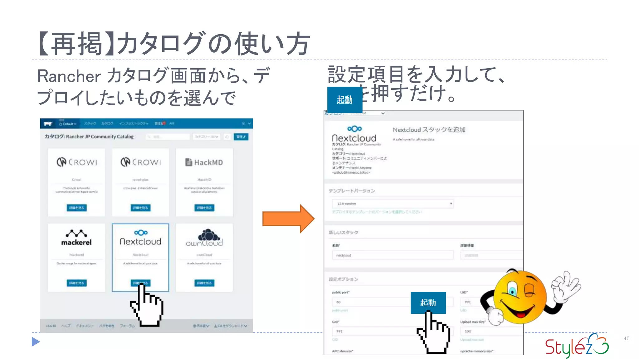 【再掲】カタログの使い方
40
Rancher カタログ画面から、デ
プロイしたいものを選んで
設定項目を入力して、
を押すだけ。
 