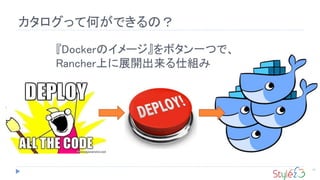 カタログって何ができるの？
12
『Dockerのイメージ』をボタン一つで、
Rancher上に展開出来る仕組み
 