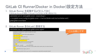 GitLab CI Runner(Docker in Docker)設定方法
24
1. GitLab Runner を起動するようにしておく
このGitLab Runnerが常駐してGitLabにジョブがないか常に問合せする
2. GitLab Runner をGitLabに登録する
sudodockerrun-d--namegitlab-runner--restartalways
-v/srv/gitlab-runner/config:/etc/gitlab-runner -v/var/run/docker.sock:/var/run/docker.sock
gitlab/gitlab-runner:latest
sudodockerexec-it gitlab-runnergitlab-runnerregister
user@ubuntu:~$ sudo docker exec-it gitlab-runner gitlab-runner register
Running in system-mode.
Pleaseenterthegitlab-ci coordinator URL (e.g.https://gitlab.com/):
https://gitlab.example.co.jp/
Pleaseenterthegitlab-ci token forthis runner:
PER-RUNNER-TOKEN
Pleaseenterthegitlab-ci description for this runner:
[5c6a3c1400ca]: runner-name-if-you-want
Pleaseenterthegitlab-ci tags forthis runner(comma separated):
Whetherto lock theRunner tocurrent project [true/false]:
[true]: false
Registering runner...succeeded runner=ZZZZZZZZZ
Pleaseentertheexecutor:docker,parallels, ssh, docker-ssh, shell,virtualbox, docker+machine, docker-ssh+machine, kubernetes:
docker
PleaseenterthedefaultDocker image (e.g.ruby:2.1):
alpine:3.6
Runner registeredsuccessfully. Feelfreeto startit, but if it'srunning already theconfig should beautomatically reloaded!
こんな感じです
 