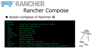 Rancher Compose
 docker-compose の Rancher 版
Commands:
create Create all services but do not start
up Bring all services up
start Start services
logs Get service logs
restart Restart services
stop, down Stop services
scale Scale services
rm Delete services
pull Pulls images for services
upgrade Perform rolling upgrade between services
help Shows a list of commands or help for one command
 