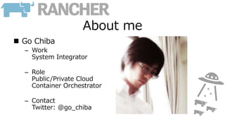 About me
 Go Chiba
– Work
System Integrator
– Role
Public/Private Cloud
Container Orchestrator
– Contact
Twitter: @go_chiba
 