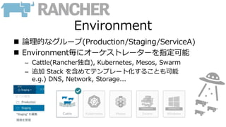 Environment
 論理的なグループ(Production/Staging/ServiceA)
 Environment毎にオーケストレーターを指定可能
– Cattle(Rancher独自), Kubernetes, Mesos, Swarm
– 追加 Stack を含めてテンプレート化することも可能
e.g.) DNS, Network, Storage...
 