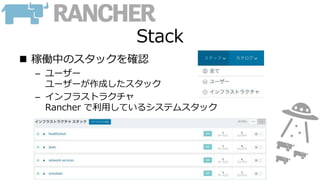 Stack
 稼働中のスタックを確認
– ユーザー
ユーザーが作成したスタック
– インフラストラクチャ
Rancher で利用しているシステムスタック
 