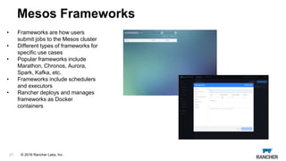 © 2015 Rancher Labs, Inc.© 2016 Rancher Labs, Inc .21
• Frameworks are how users
submit jobs to the Mesos cluster
• Different types of frameworks for
specific use cases
• Popular frameworks include
Marathon, Chronos, Aurora,
Spark, Kafka, etc.
• Frameworks include schedulers
and executors
• Rancher deploys and manages
frameworks as Docker
containers
Mesos Frameworks
 