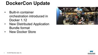 © 2015 Rancher Labs, Inc.© 2016 Rancher Labs, Inc .
DockerCon Update
• Built-in container
orchestration introduced in
Docker 1.12
• New Distributed Application
Bundle format
• New Docker Store
6
 