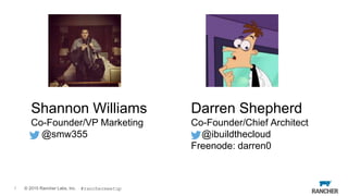 © 2015 Rancher Labs, Inc.
Shannon Williams
Co-Founder/VP Marketing
@smw355
1
Darren Shepherd
Co-Founder/Chief Architect
@i...