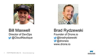 © 2015 Rancher Labs, Inc.
Bill Maxwell
Director of DevOps
@CloudNautique
2
Brad Rydzewski
Founder of Drone.io
@bradrydzews...