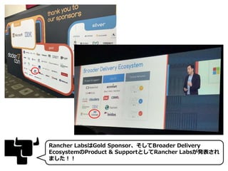 Rancher LabsはGold Sponsor、そしてBroader Delivery
EcosystemのProduct & SupportとしてRancher Labsが発表され
ました！！
 