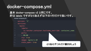 docker-compose.yml
基本 docker-compose v2 と同じです。
肝は labels ですがとりあえずは下の1行だけで良いです。
とりあえずこれだけ書きましょう
 