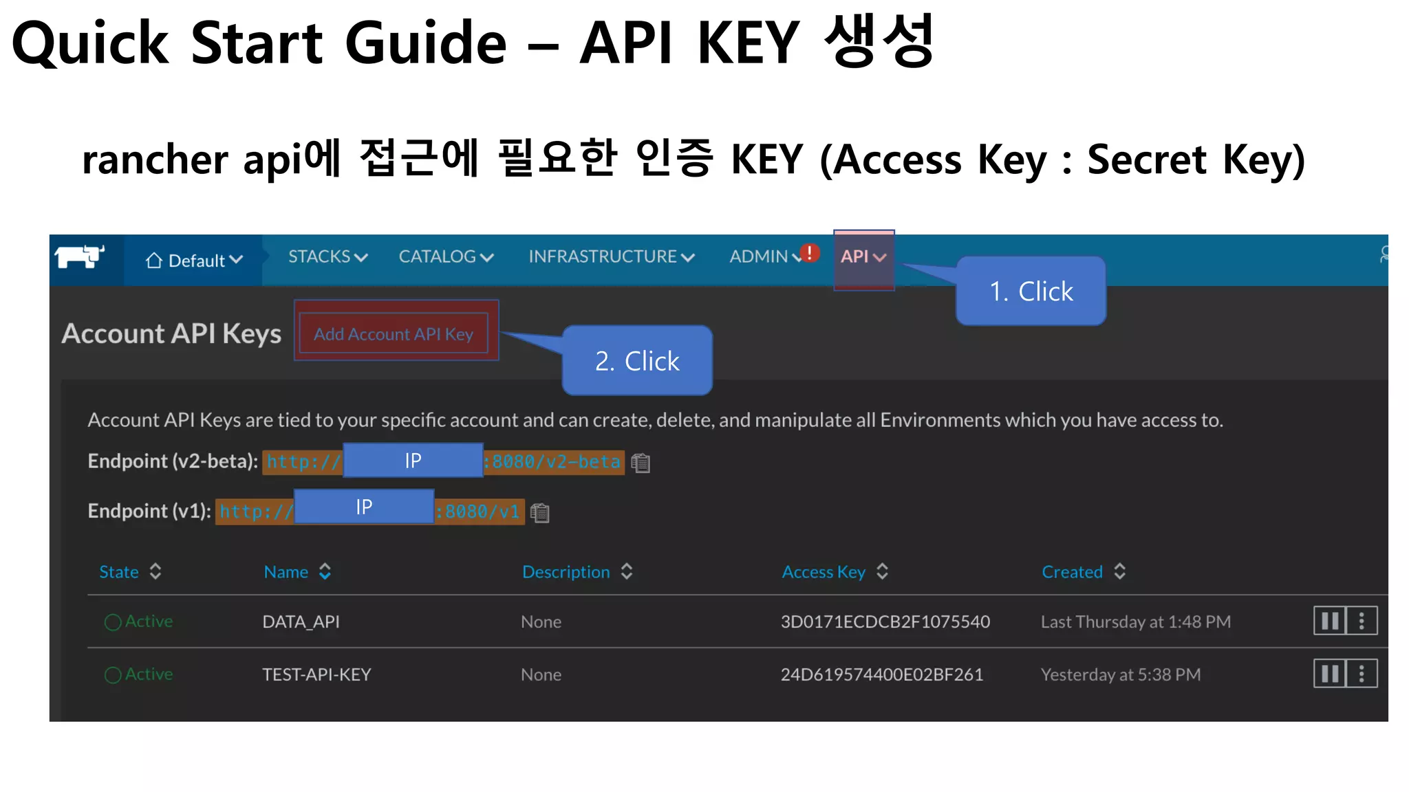 Quick Start Guide – API KEY 생성
rancher api에 접근에 필요한 인증 KEY (Access Key : Secret Key)
1. Click
2. Click
IP
IP
 