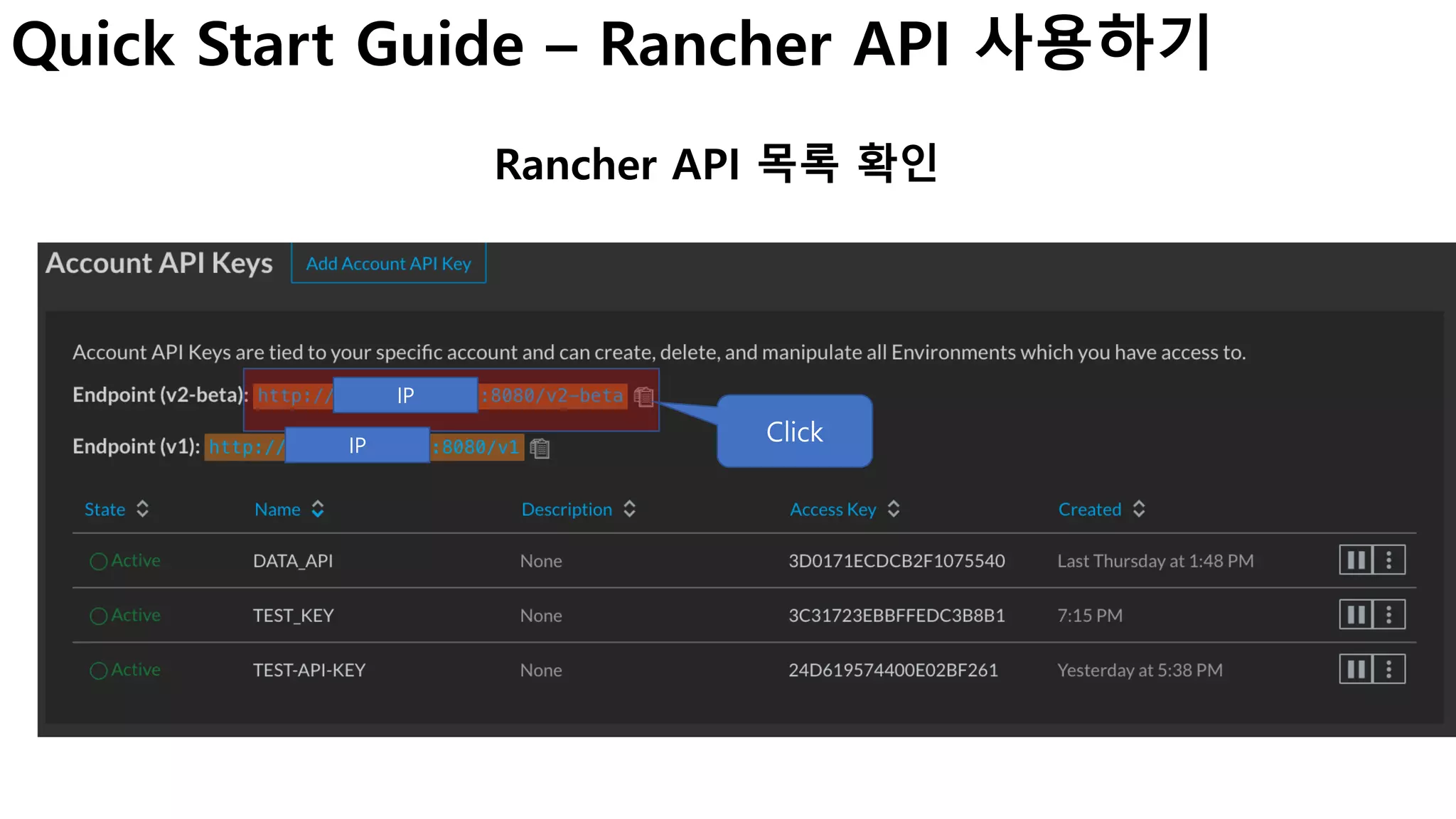 Quick Start Guide – Rancher API 사용하기
Rancher API 목록 확인
Click
IP
IP
 