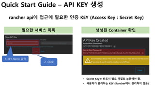 Quick Start Guide – API KEY 생성
rancher api에 접근에 필요한 인증 KEY (Access Key : Secret Key)
1. KEY Name 입력
2. Click
필요한 서비스 목록 생성된 Container 확인
• Secret Key는 반드시 별도 파일로 보관해야 함.
• 사용자가 관리하는 KEY (Rancher에서 관리하지 않음)
 