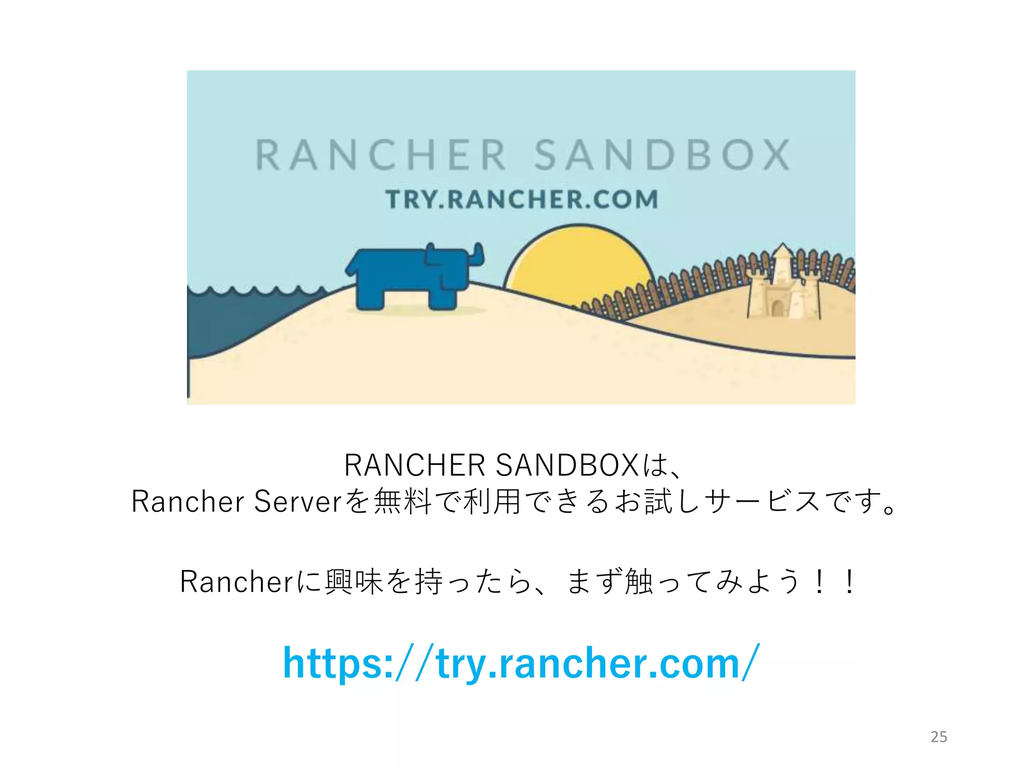 25
RANCHER SANDBOXは、
Rancher Serverを無料で利用できるお試しサービスです。
https://try.rancher.com/
Rancherに興味を持ったら、まず触ってみよう！！
 