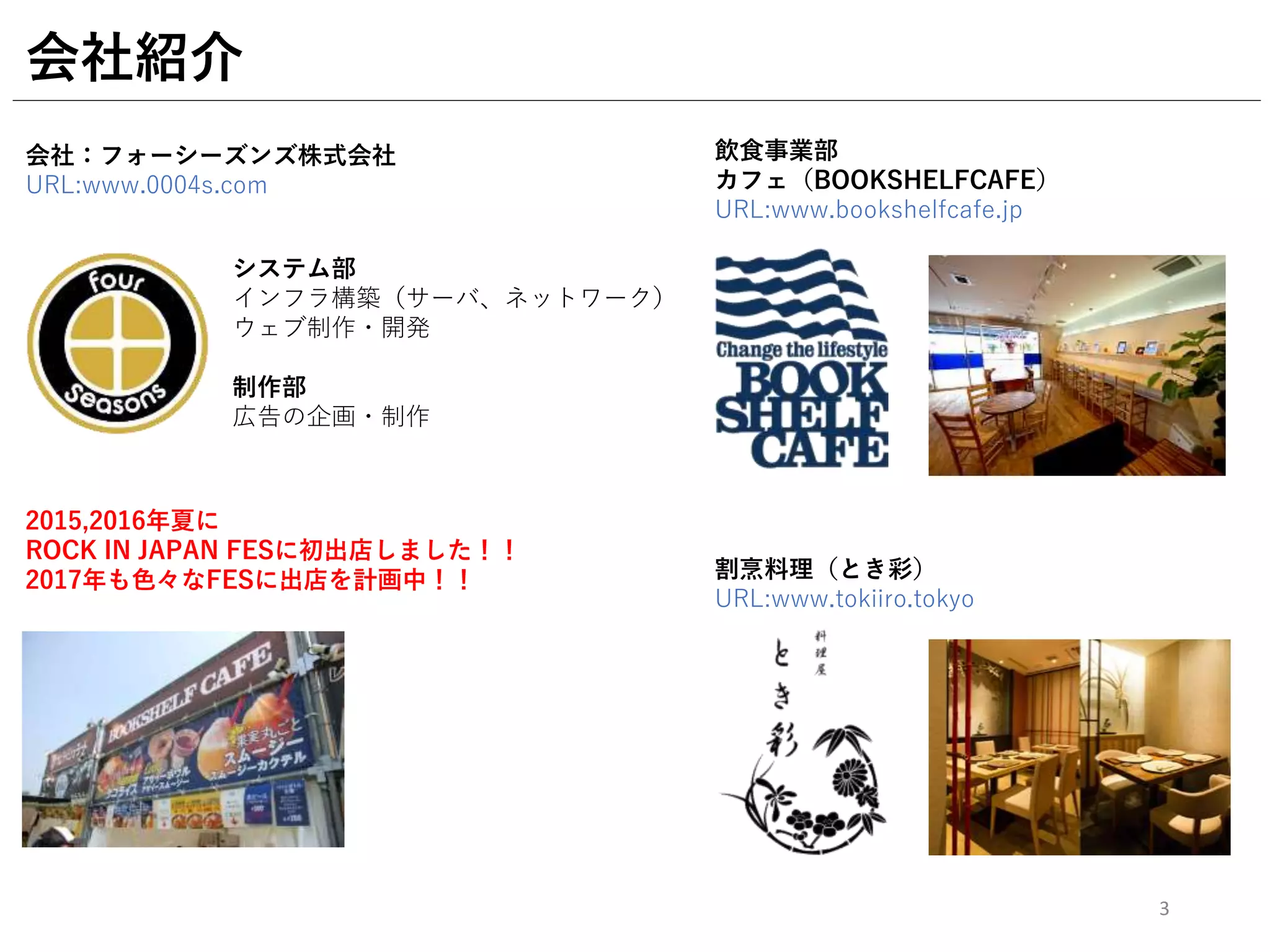 会社紹介
3
会社：フォーシーズンズ株式会社
URL:www.0004s.com
システム部
インフラ構築（サーバ、ネットワーク）
ウェブ制作・開発
制作部
広告の企画・制作
飲食事業部
カフェ（BOOKSHELFCAFE）
URL:www.bookshelfcafe.jp
割烹料理（とき彩）
URL:www.tokiiro.tokyo
2015,2016年夏に
ROCK IN JAPAN FESに初出店しました！！
2017年も色々なFESに出店を計画中！！
 