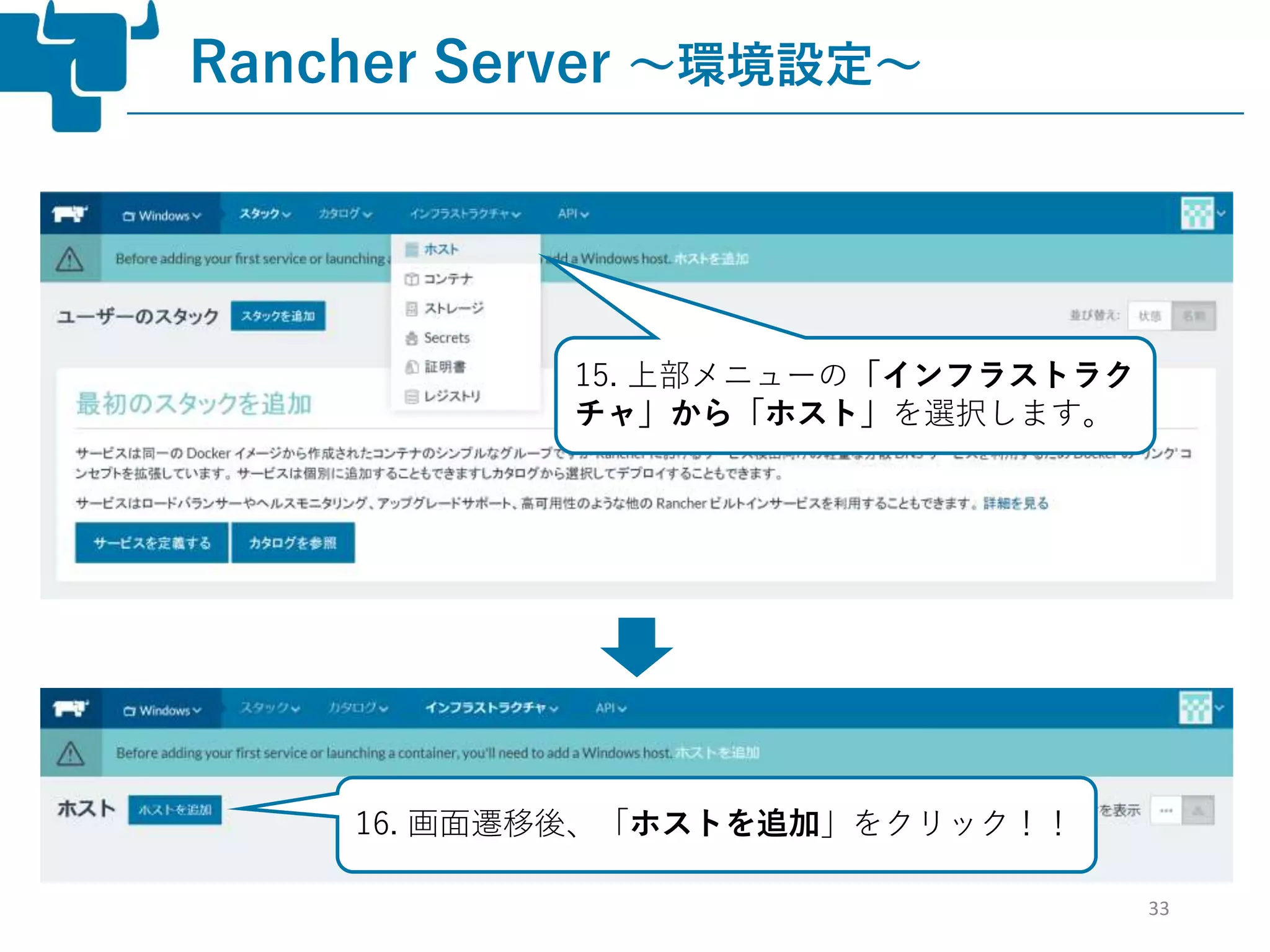 33
Rancher Server ～環境設定～
15. 上部メニューの「インフラストラク
チャ」から「ホスト」を選択します。
16. 画面遷移後、「ホストを追加」をクリック！！
 
