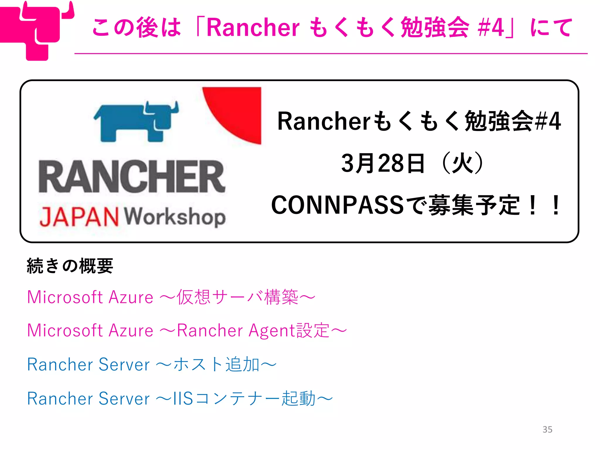 35
この後は「Rancher もくもく勉強会 #4」にて
Microsoft Azure ～仮想サーバ構築～
Microsoft Azure ～Rancher Agent設定～
Rancher Server ～ホスト追加～
Rancher Server ～IISコンテナー起動～
Rancherもくもく勉強会#4
3月28日（火）
CONNPASSで募集予定！！
続きの概要
 