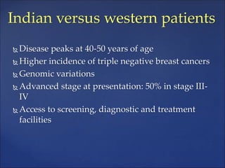  Disease peaks at 40-50 years of age
 Higher incidence of triple negative breast cancers
 Genomic variations
 Advanced...