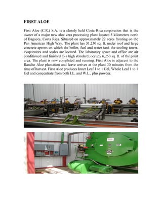 FIRST ALOE

First Aloe (C.R.) S.A. is a closely held Costa Rica corporation that is the
owner of a major new aloe vera processing plant located 5 kilometers north
of Bagaces, Costa Rica. Situated on approximately 22 acres fronting on the
Pan American High Way. The plant has 31,250 sq. ft. under roof and large
concrete aprons on which the boiler, fuel and water tank the cooling tower,
evaporators and scales are located. The laboratory space and office are air
conditioned and finished to a high standard; occupy 6,250 sq. ft. of the plant
area. The plant is now completed and running. First Aloe is adjacent to the
Rancho Aloe plantation and leave arrives at the plant 30 minutes from the
time of harvest. First Aloe produces Inner Leaf 1 to 1 Gel, Whole Leaf 1 to 1
Gel and concentrate from both I.L. and W.L., plus powder.
 